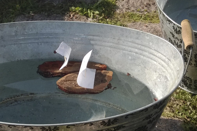Kaksi kaarnalaivaa kelluu vedessä sinkkivadissa.