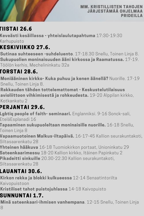 Kirkollisten & kristillisten tahojen järjestämää ohjelmaa Helsinki Pride 2018 -viikolla Kirkollisten & kristillisten tahojen järjestämää ohjelmaa Helsinki Pride 2018 -viikolla