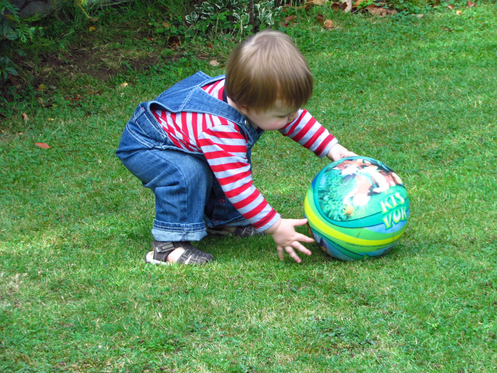 Pieni lapsi on nurmikolla ja ottaa palloa maasta.