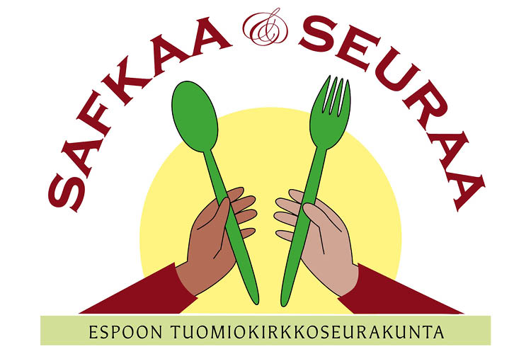 Safkaa ja seuraa -iltojen logo, jossa on ruokailuvälineitä pitelevät kädet.