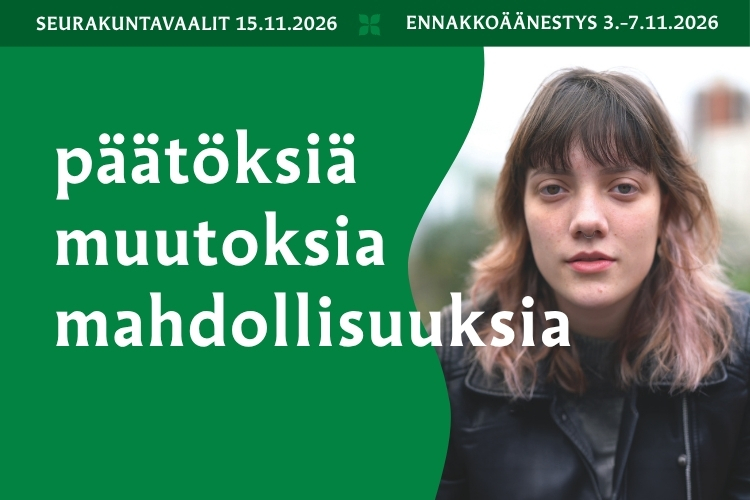 Kuvassa nuori katsoo vakavana kohti, teksti päätöksiä, muutoksia, mahdollisuuksia.