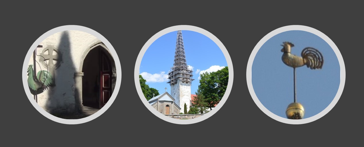 kuva, jossa on kolme pyöreää kuvaa, jokaisessa jokin yksityskohta vanhasta kirkosta - tuuliviiri, torni ja kaunnis sisäänkäynti
