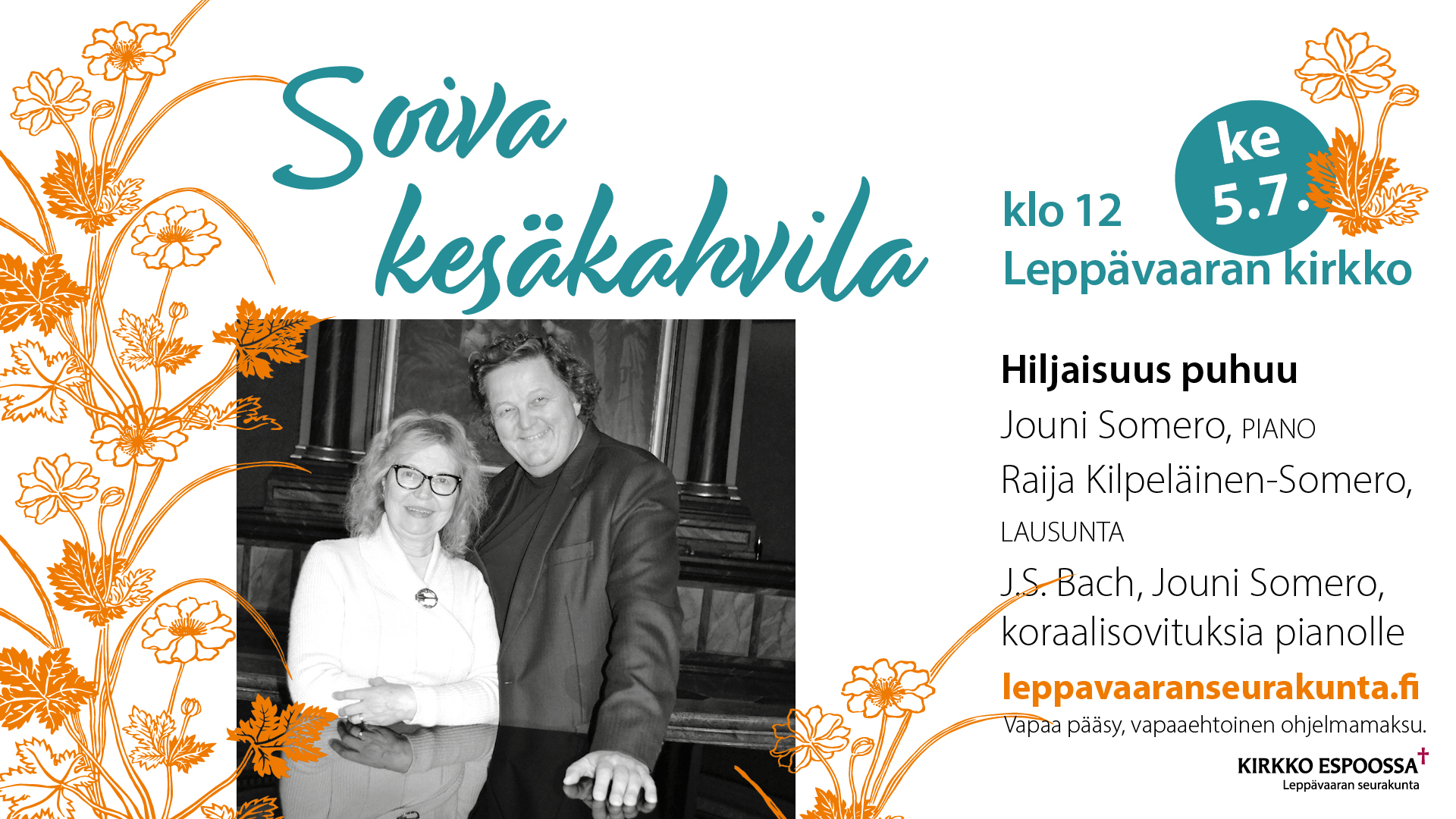 Jouni Somero ja Raija Kilpeläinen-Somero kuvassa pianoon nojaten. Vieressä konsertin erittelytekstit.