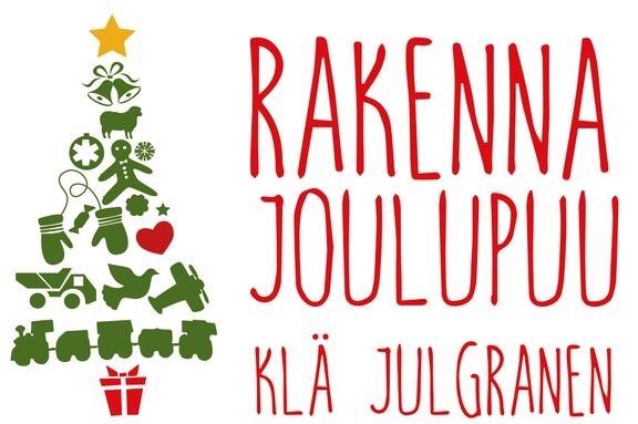 Kuvassa Rakenna joulupuu -logo, jossa teksti, Rakenna joulupuu, Klä julgranen.