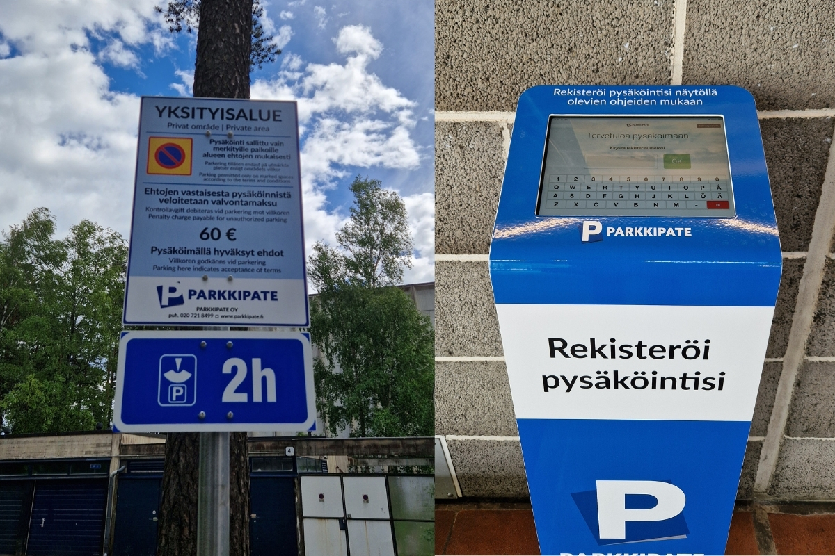 Kuvassa on pysäköintikyltti sekä parkkiautomaatti Tapiolan kirkolla.