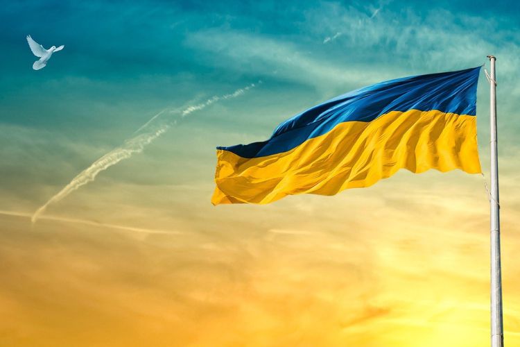 Kuvassa on Ukrainan lippu, kelta-sininen taivas ja rauhankyyhky.