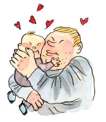 Piirretty kuva isästä ja vauvasta, jossa isä pitää vauvaa sylissä ja he halaavat sekä ovat onnellisia.