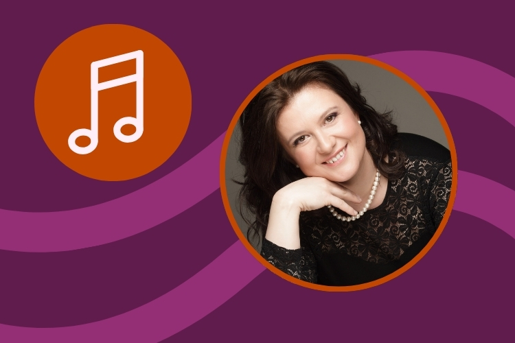 There is a young singer and notes in the picture.