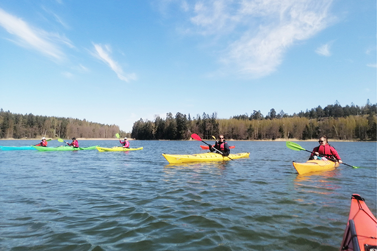 Paddlers on the water. The sky is blue and the weather is sunny. Photo by Jyri Hakala.