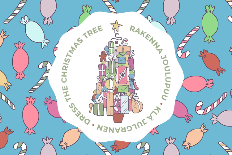 Kuvituskuvassa on Rakenna joulupuu -keräyksen logo, jonka taustalla on kuvapohjassa joulukarkkeja.