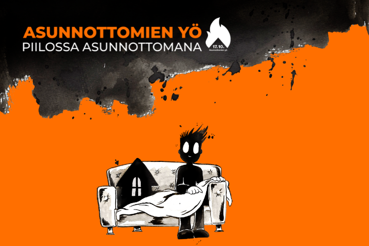 Varjon kaltainen piirroshahmo istuu sohvalla viltin alla. Hänen vieressään sohvalla on pieni talo, joka sym...