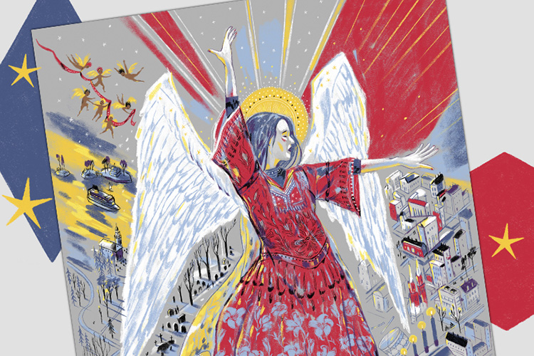 An illustrated dancing angel.