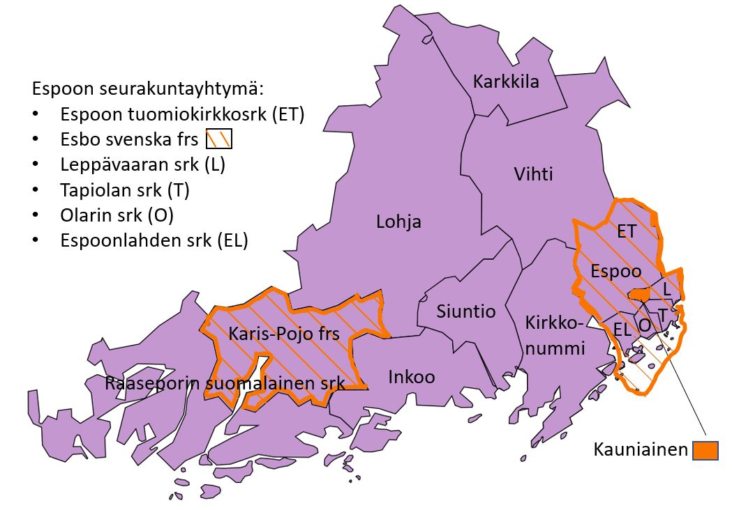Espoon aluekeskusrekisterin kartta, Kauniainen, Kirkkonummi, Siuntio, Inkoo, Lohja, Vihti, Karkkila, Raasepori
