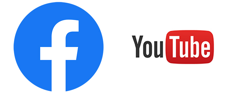 kuvassa facebookin ja youtuben logot, eli iso F-kirjain sinisellä pyöreällä taustalla ja  YouTube-teksti, jossa tube-osuus on punaisen pyöreähkön alustan päällä