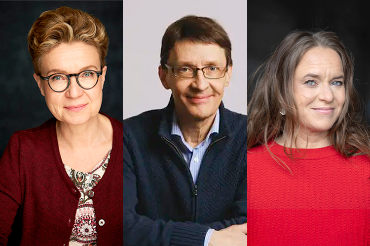 Kalajärven kappelin kirjailijailtojen esiintyjät: Sirpa Kähkönen, Markus Nummi ja Satu Rämö.