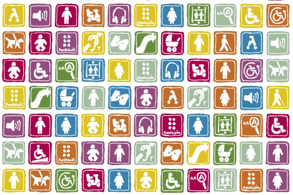 Kuvassa kymmeniä erilaisia suositus- ja varoitusmerkkejä, kuten opaskoira sallittu, pyörätuoliluiska, hissi