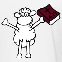Piirretty lammas Raamattu kädessään.