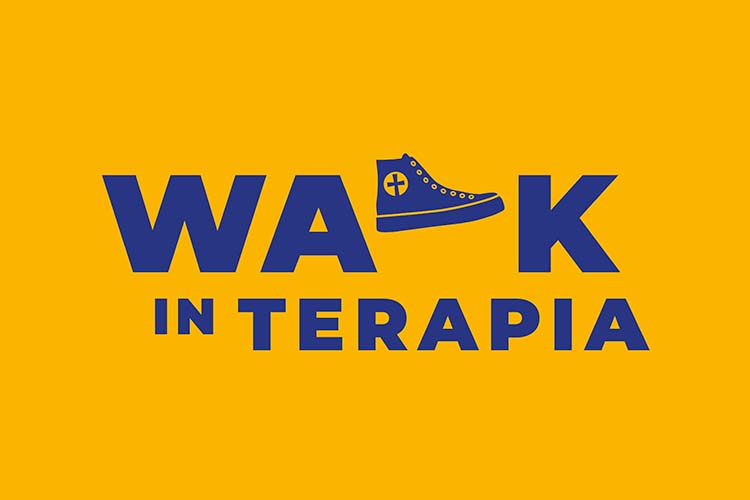 Keltaisella taustalla sininen teksti: Walk in terapia