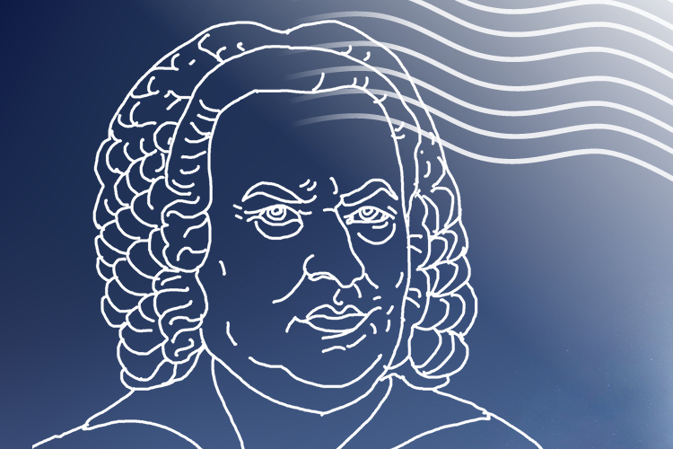 Kuvassa on sinisellä pohjalla piirroskuva Bachista.