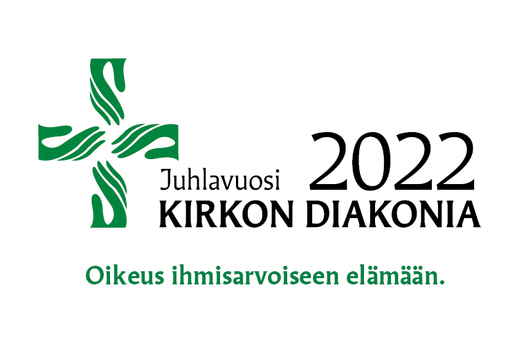 Diakonian juhlavuosi 2022 logo, neljä kättä muodostavat ristin.
