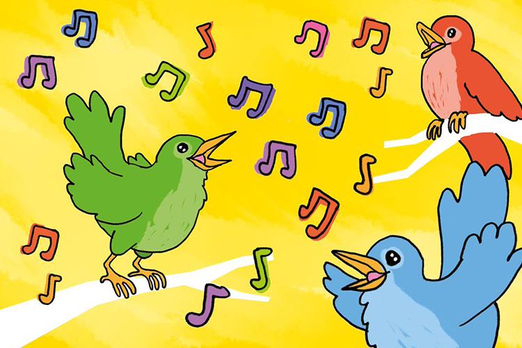 Muskarien eli musiikkileikkikoulujen mainoskuva, jossa on laulavia lintuja ja nuotteja.
