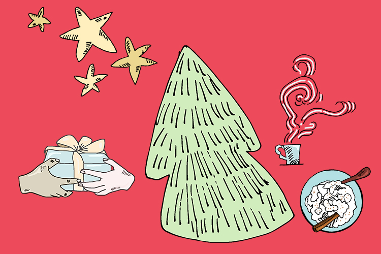 Punaisella  taustalla piirrettyinä mm. joulukuusi,  tähtiä, joulupuurolautanen ja kädet, jotka antavat lahjan.