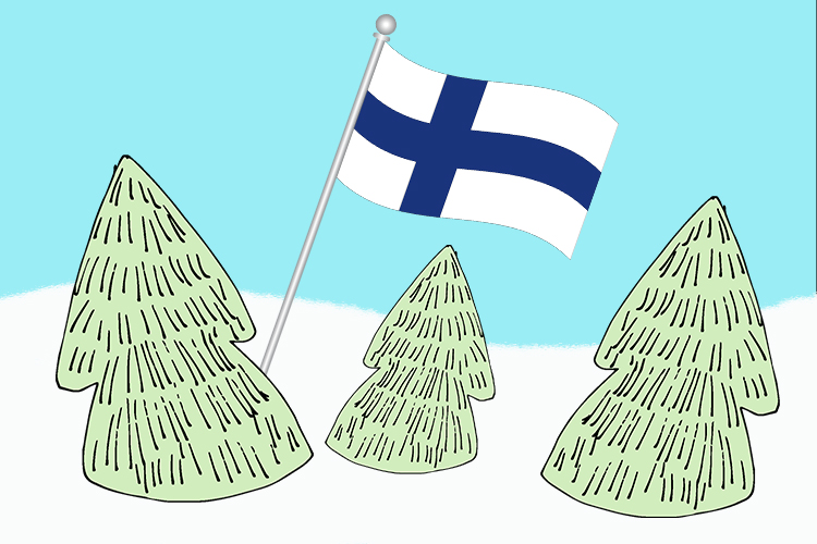 Piirroskuva, jossa on kolme kuusta talvimaisemassa ja taustalla liehuu Suomen lippu.
