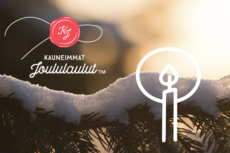 Olarin seurakunnan Kauneimmat joululaulut verkossa Kauneimmat joululaulut -logo ja valkoinen piirroskynttilä luminen kuusenoksa -kuvan päällä.