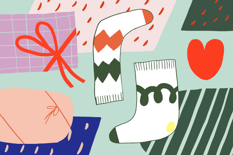Joulun kuvitusilme: sukkia ja lahjoja.