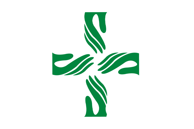 Diakonian logo: vihreä ojennetuista käsistä koostuva risti valkoisella pohjalla.