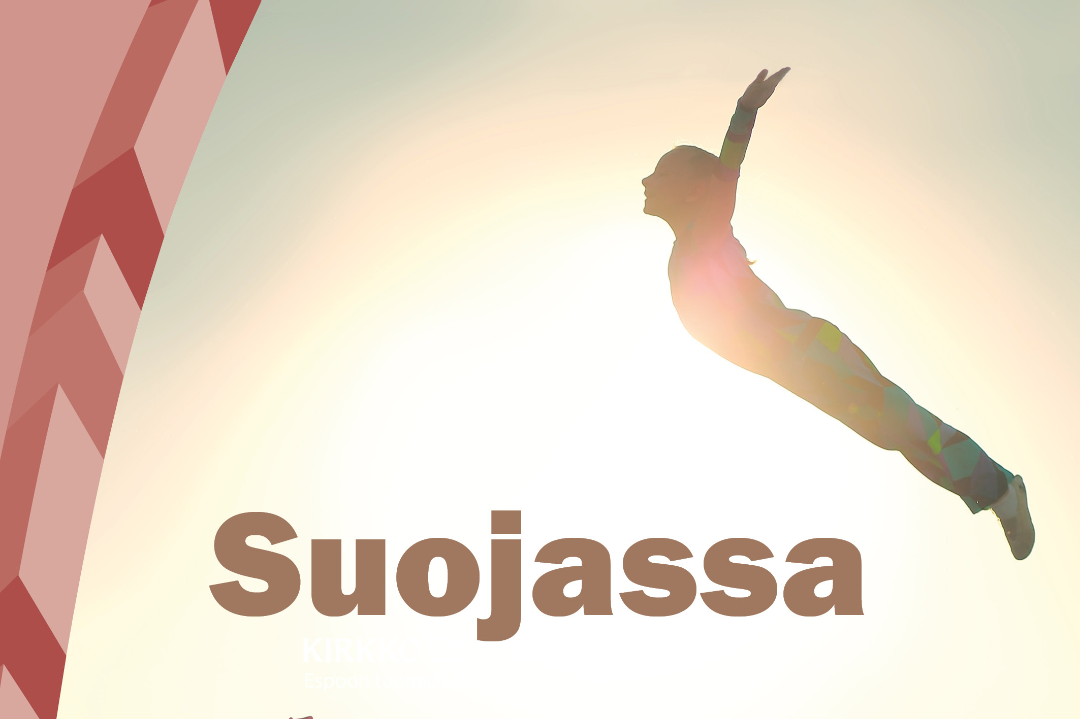 Ihmisen varjo aurinkoa vasten, hän hyppää ehkä uimahyppyä. Alempana lukee: 