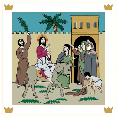 Kuvassa Jeesus ratsastaa aasilla Jerusalemiin.