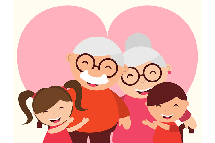 Piirroskuva,jossa isovanhemmat halaavat iloisesti kahta pientä lasta. Heidän takanaan on iso sydän.
