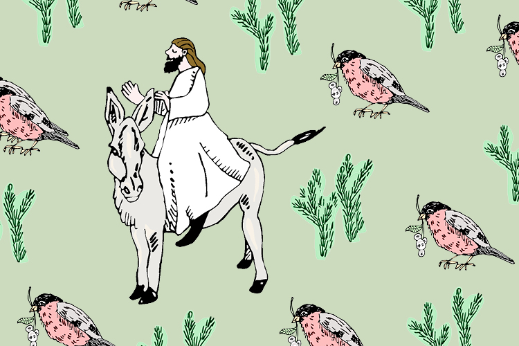 Joulun piiroskuvituksessa Jeesu ratsastaa aasilla, havuja ja punatulkku, joka kantaa lumimarjan oksaa.