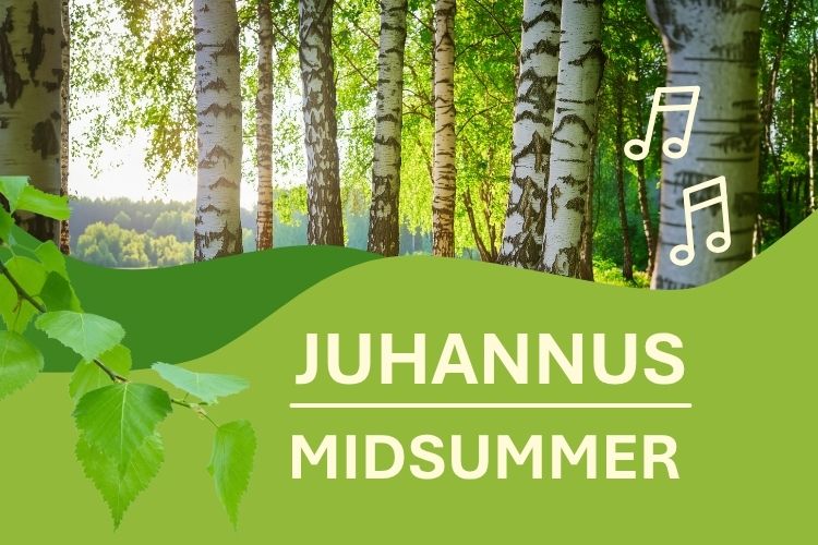 Kuvassa koivumetsä auringonpaisteessa. Teksti Juhannas Midsummer.