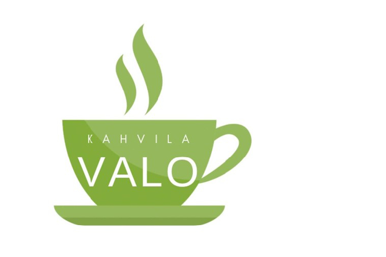 Logo, jossa vihreä höyryävä kahvikuppi, jossa teksti Kahvila Valo.