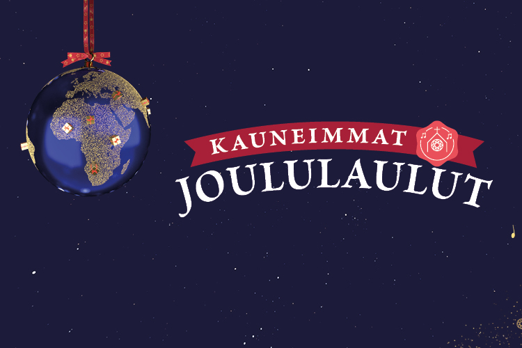 Maapallojoulukoriste ja Kauneimmat joululaulut -logo tähtitaivasta vasten. 