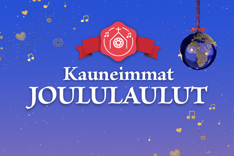 Perheiden kauneimmat joululaulut näytelmällä Kauneimmat Joululaulut -logo sinisellä pohjalla.