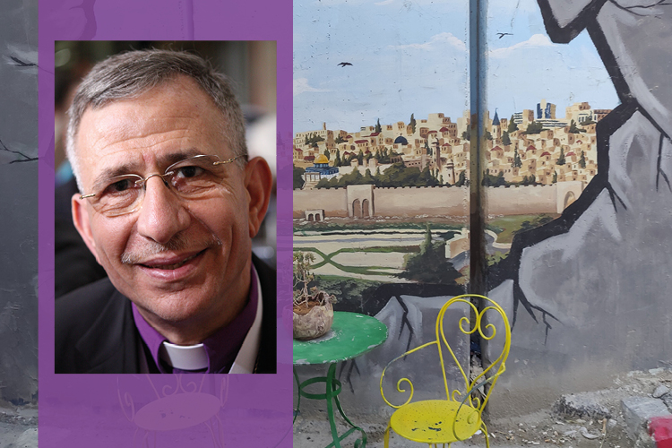 Kuvassa muraali Palestiinassa ja emeritustuspiispa Munib Younan.