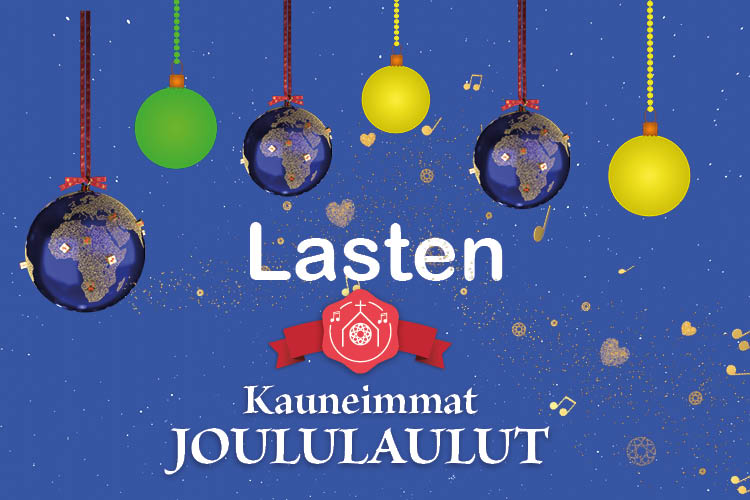 Ylhäällä riippuu useita värikkäitä joulupalloja, alla lukee 