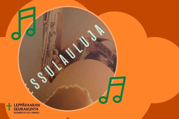 oranssilla pohjalla kaksi piirrettyä vihreää nuottia. Kuvassa osa laulukirjan kantta. Vasemmassa alanurkassa Leppävaaran seurakunnan logo.