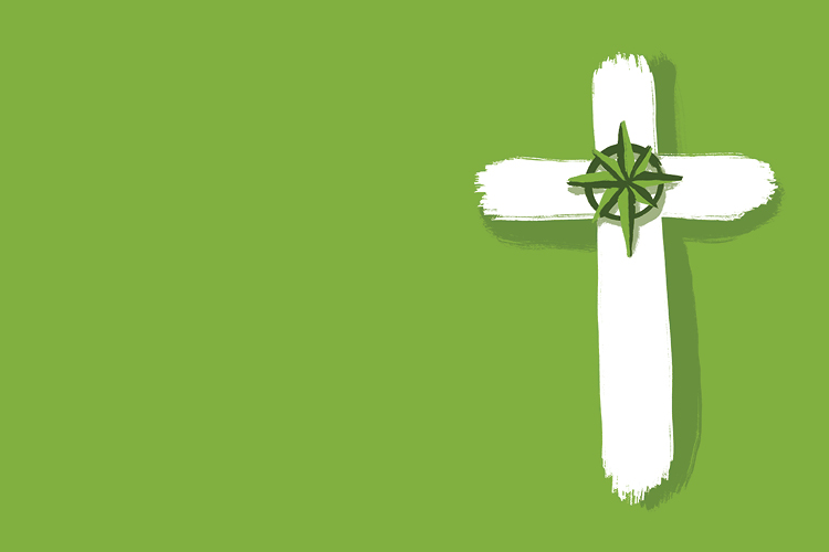 Valkoinen risti vihreällä taustalla. Ristin keskiössä kompassi-kuvio. 
