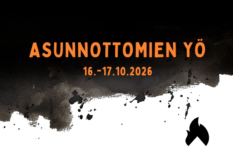 Kuvassa mustaa taustaa, teksti Asunnottomien yö 16.-17.10.2026