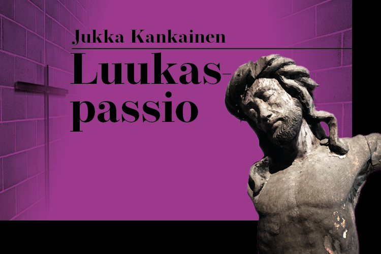 Teksti Jukka Kankainen - Luukas-passio. Tapiolan kirkon seinää ja alttariristi, sekä krusifiksi. 