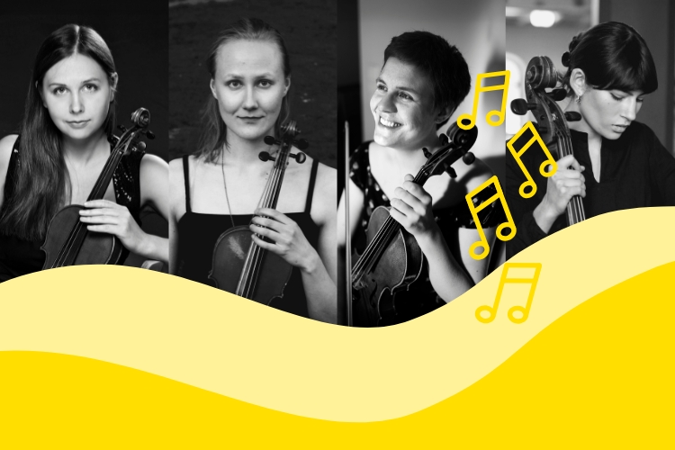 Musiikkia puolen päivän jälkeen Lumous-kvartetti. Keltaisia aaltoja ja nuotteja.