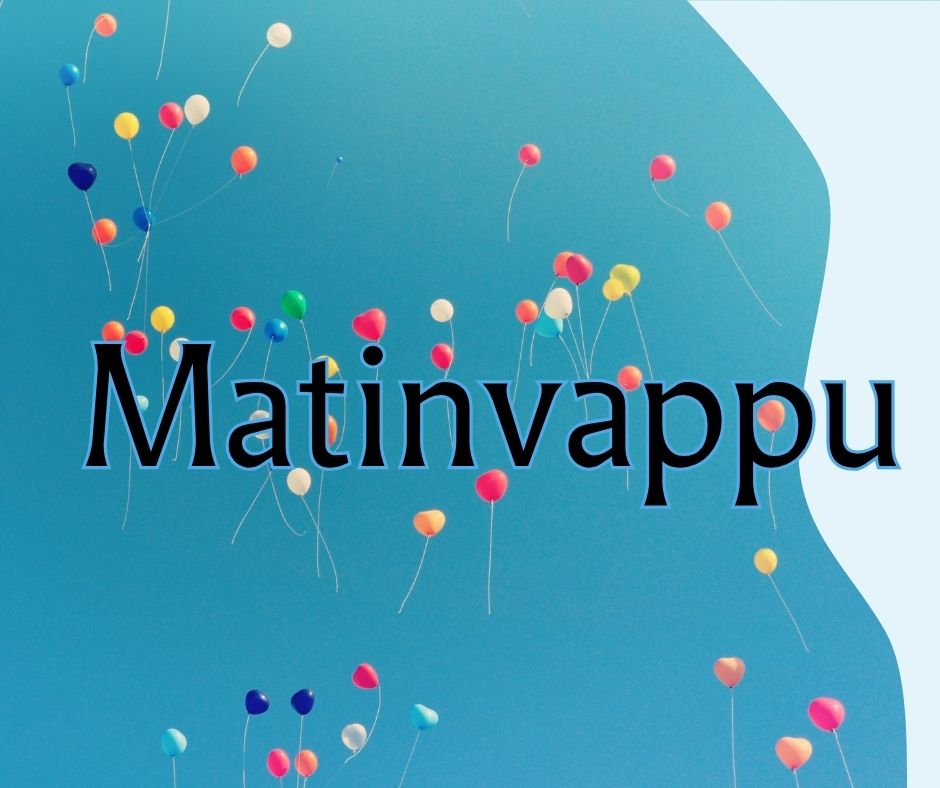 Sinisellä taustalla erivärisiä ilmapalloja, päällä sana Matinvappu