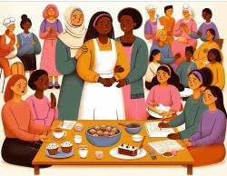 Erikulttuureita edustavia naisia kahvipöydän ääressä, piirretty kuva.