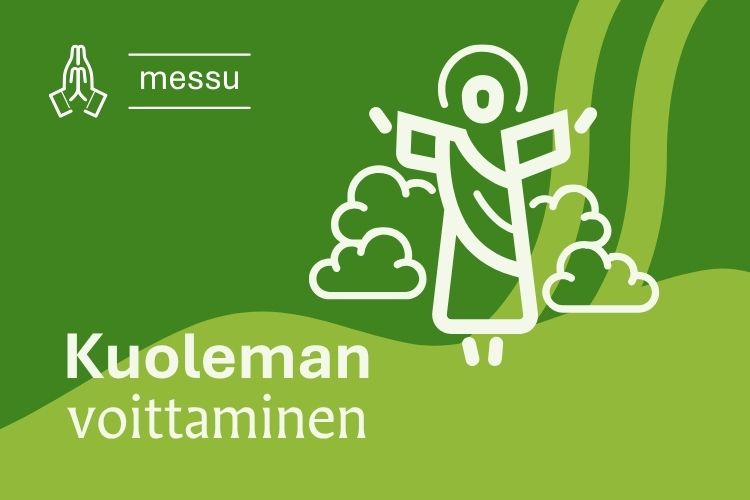 Ylösnoussut Kristus piktogrammina. Teksti messu, kuoleman voittaminen.
