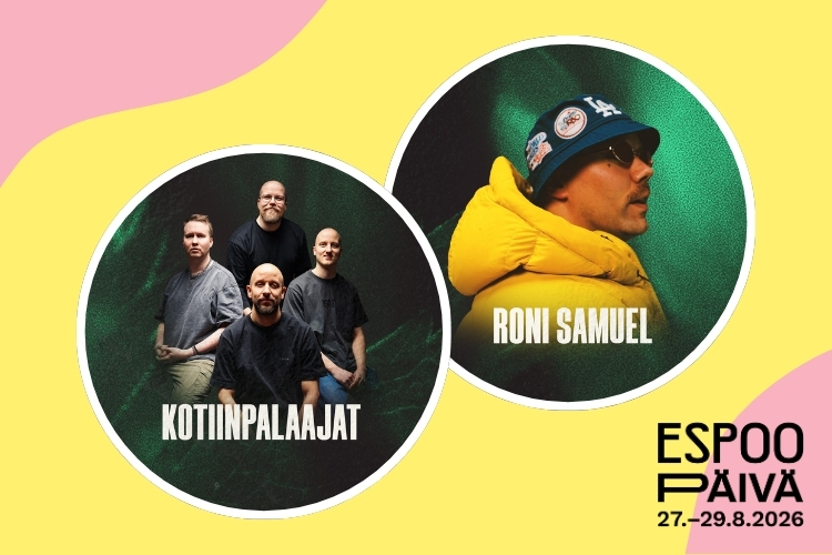 Kotiinpalaajat-yhtye ja Roni Samuel sekä Espoo-päivän logo.