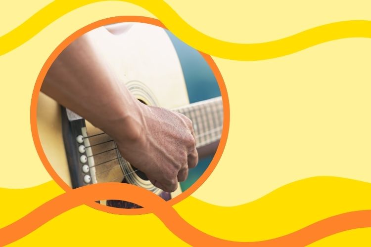 Pääsiäisen gospelmessu Keltaisella pohjalla oransseja raitoja ja kuva kitarasta ja soittokädestä